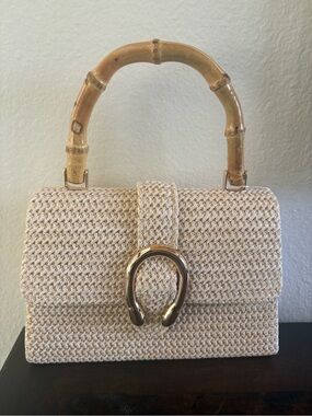 Tommy Bahama Cream Woven Mini Bag with Bamboo Handle and Gold Accent